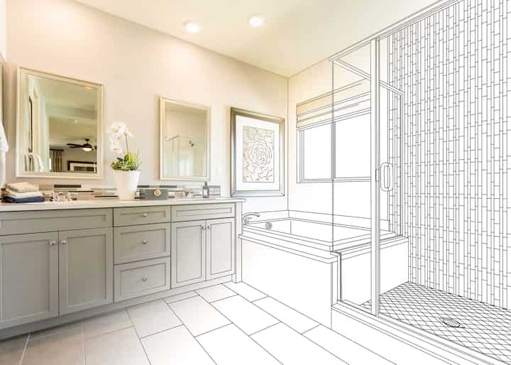 Blueprints reveal the potential of a Augusta, ME bathroom after renovations.